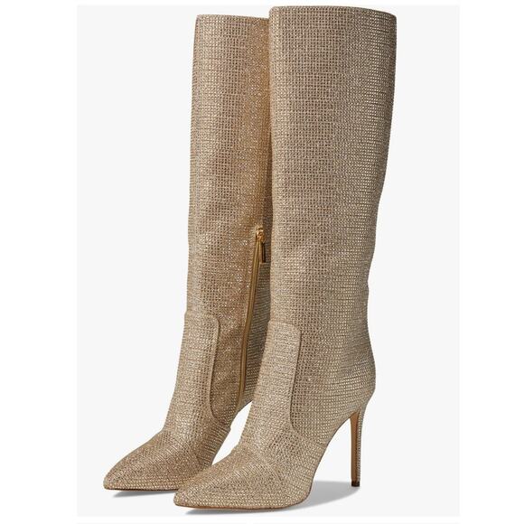 Michael Kors Rue Stiletto Knee High Boot Pale Gold 8.5 NWOB Glam Sequin Design - Picture 1 of 15
